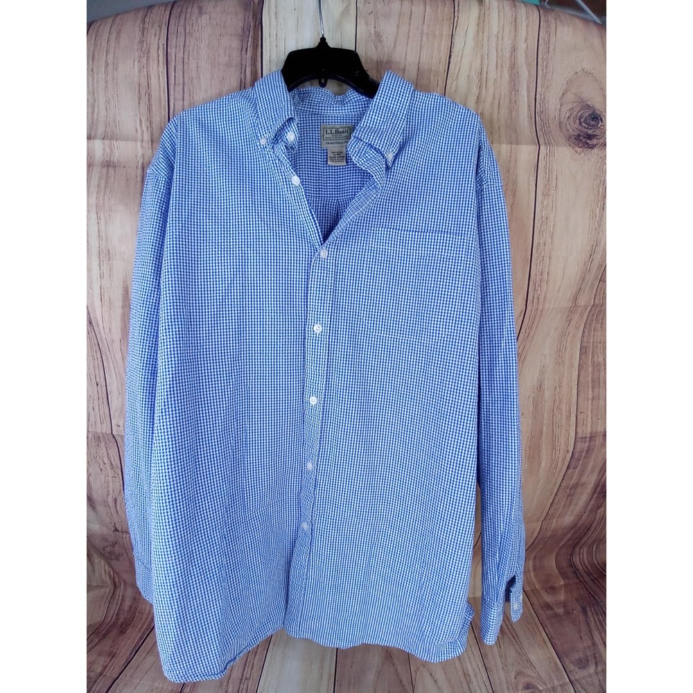 LL Bean Mens Traditional Fit Gingham Button Down Shirt Blue White Cotton XL